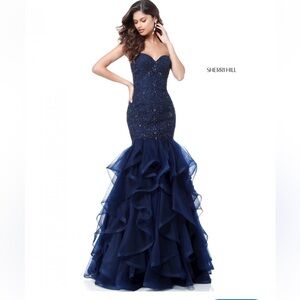 SHERRI HILL STRAPLESS BEADED TIERED RUFFLE MERMAID DRESS NAVY BLUE SZ 2 2018